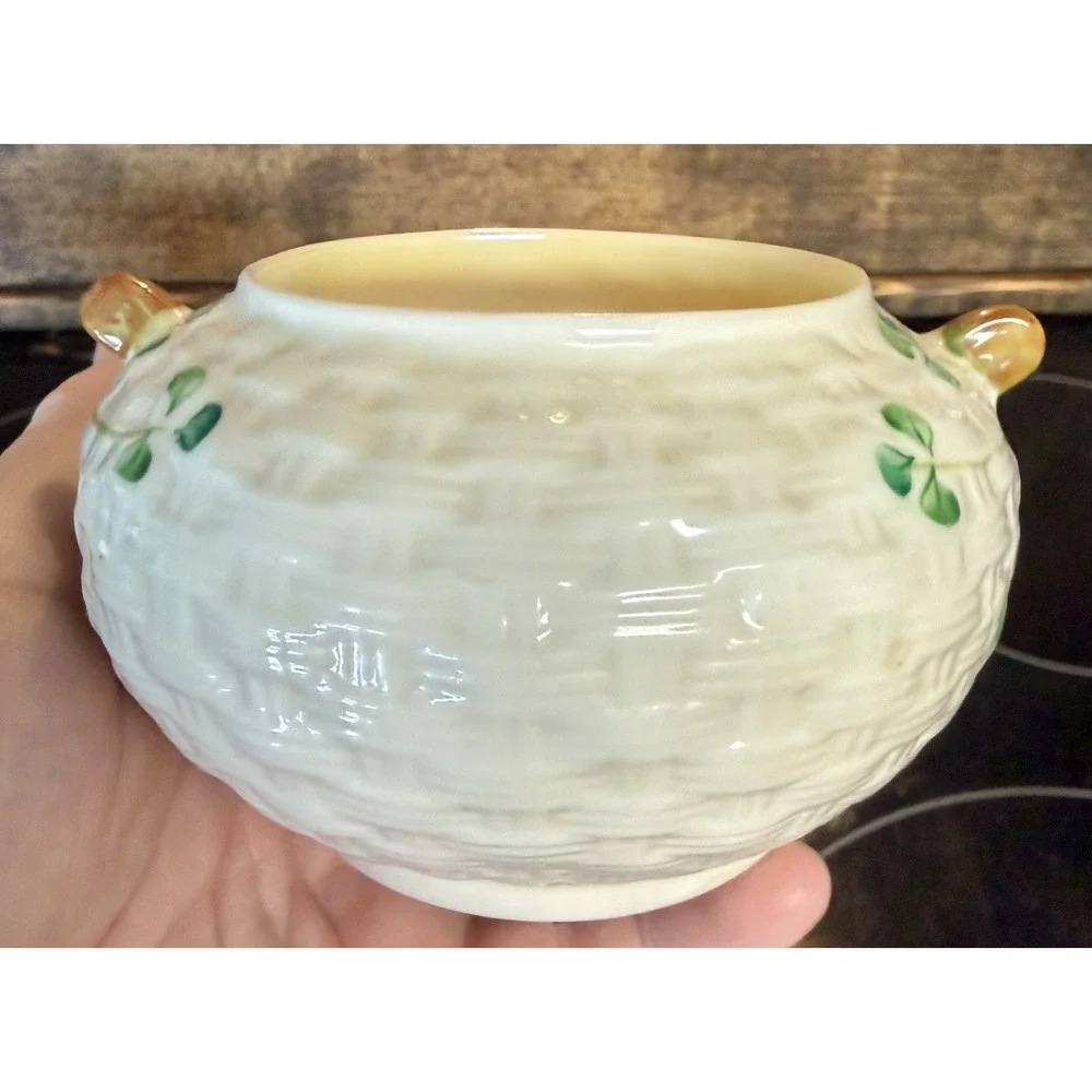 Beleek  Shamrock  Basket  Weave  Open Sugar  Creamer  & Cup AND Saucer Vintage